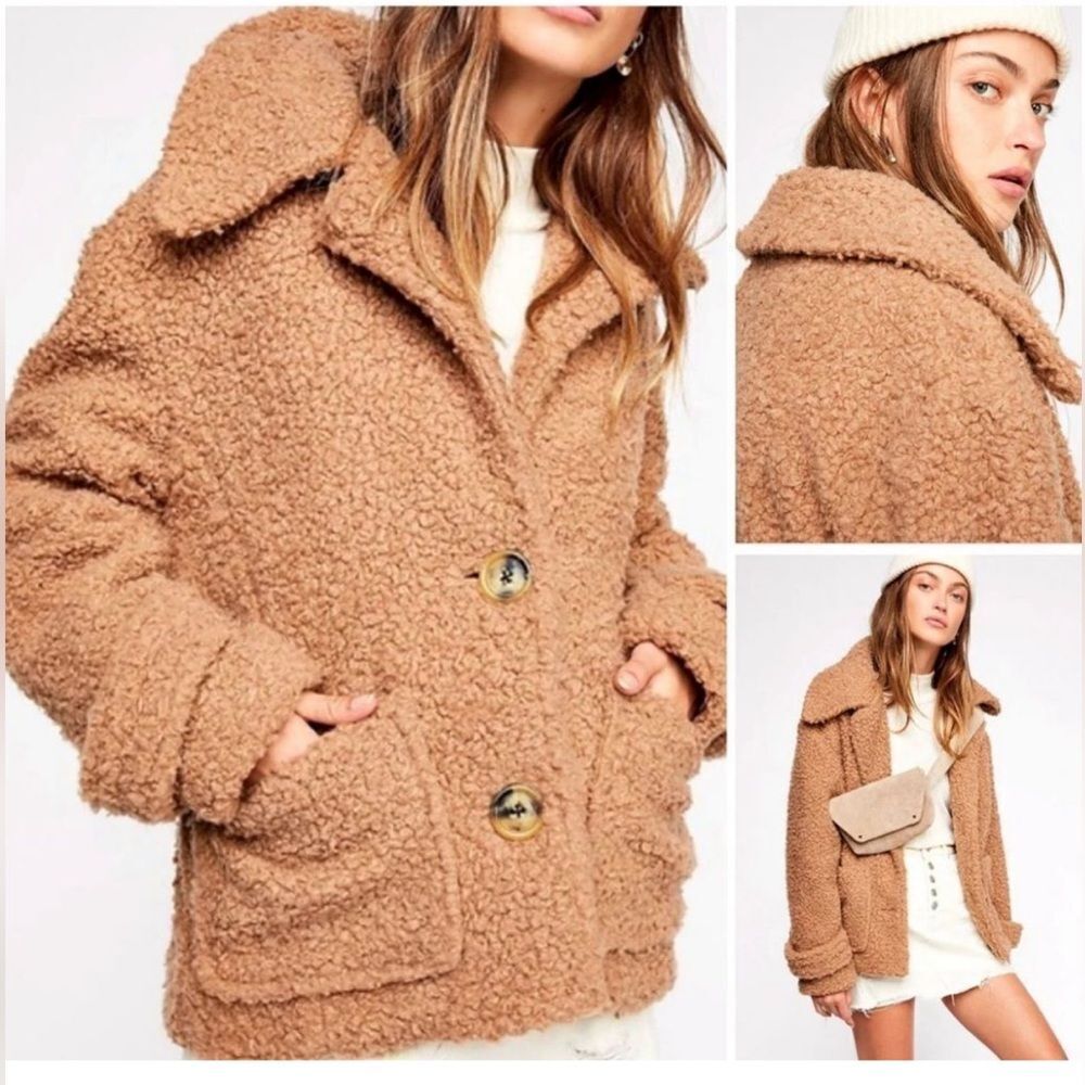 Free People- So Soft Cozy Peacoat Oversized Sherpa Jacket Pockets Buttons Size M